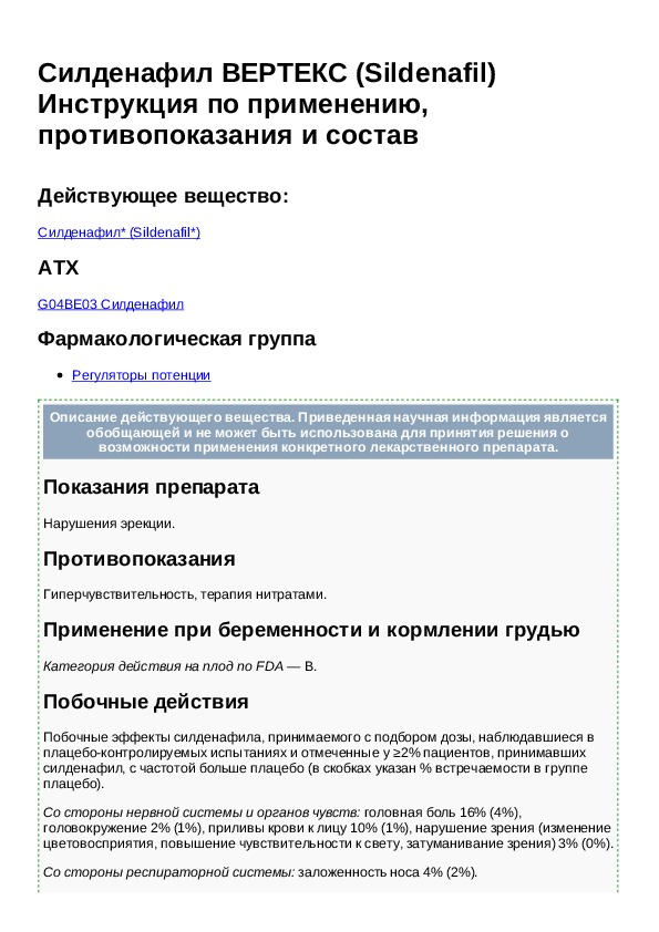 Силденафил Вертекс - инструкция по применению