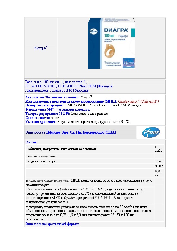 ВИАГРА таблетки 25 мг * 2 VIAGRA tablets 25 mg * 2, цена и информация